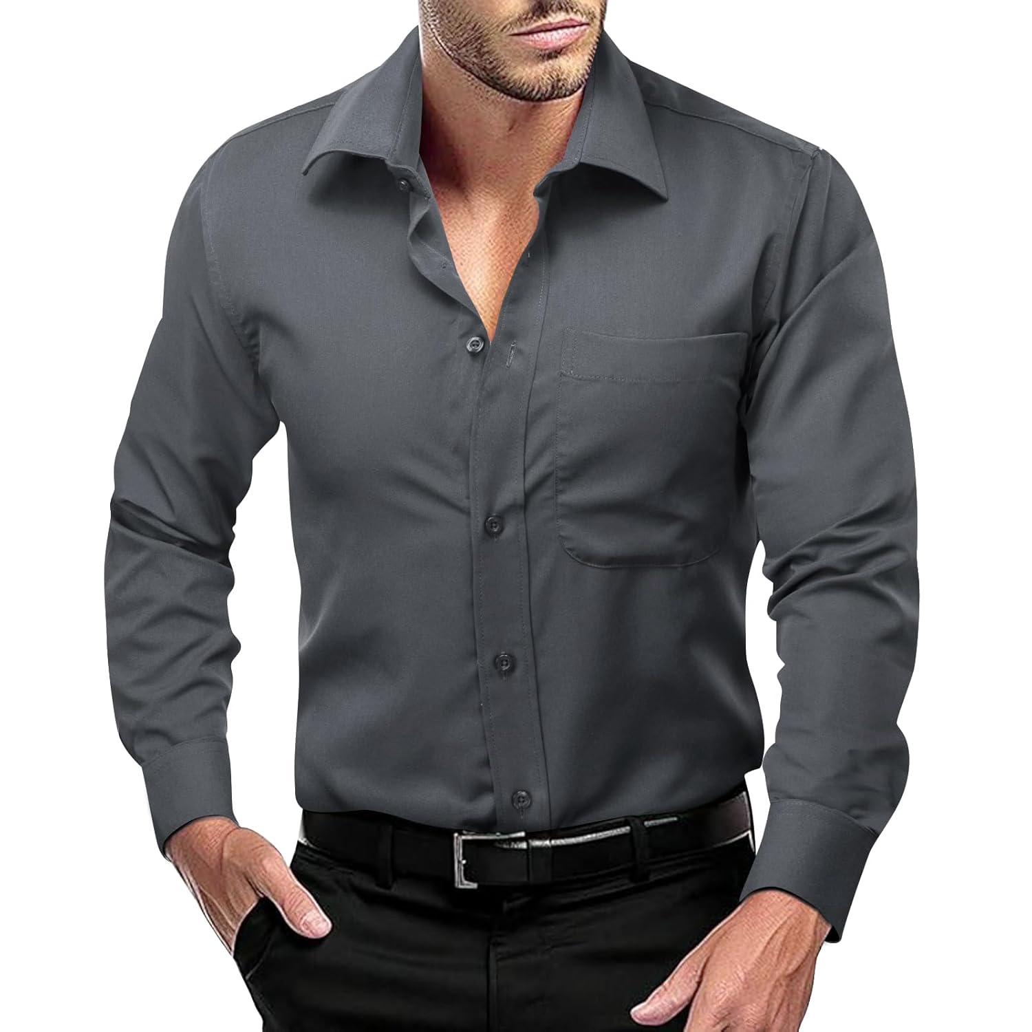 Camisa social masculina de algodão de manga comprida lisa, casual, com botões, ajuste regular, formal, camisa de negócios