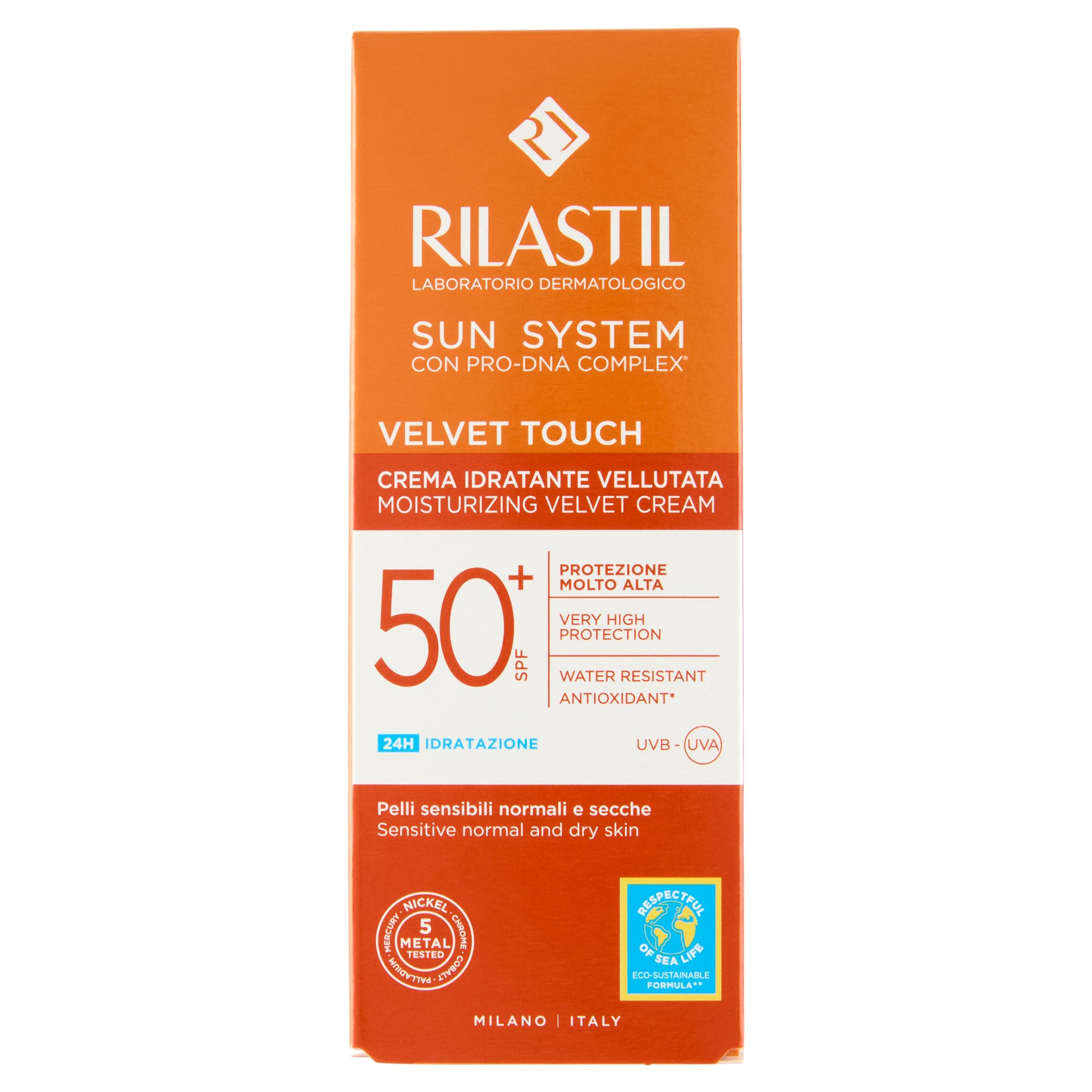 Rilastil Sun System Crema Velluta Idratante Viso, Texture Extra Soffice a Rapido Assorbimento, Pelli Sensibili, Resistente all'Acqua SPF 50+, Confezione da 50ml