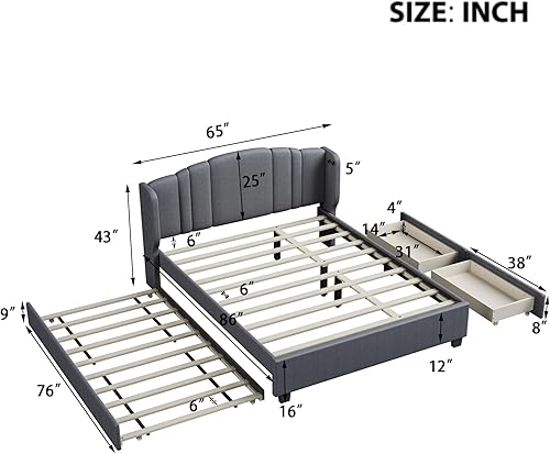 Miniatura 19 de Elegante cama con plataforma tapizada de terciopelo de tamaño Queen con cabecero, para niños, niñas y adolescentes (beige @cabecero/, Queen)