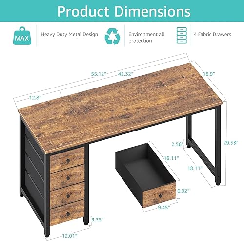 Miniatura 3 de Lufeiya Escritorio para Computadora con Cajones de Tela - Escritorio de Estudio y Trabajo de 55 Pulgadas de Largo para Oficina en Casa, Dormitorio,