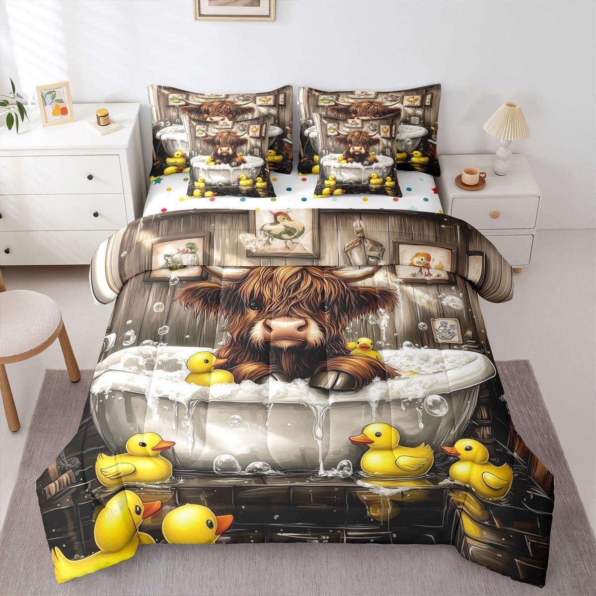 Cute Highland Cattle Kids Comforter Twin Size,Funny Highland Cow Duck 7 Pcs Bedding Set,Cartoon Animal Rustic Farmhouse Decor All Season,Brown Yellow(Fitted+Sheet+2 Pillowcases+2 Throw Pillow Covers)