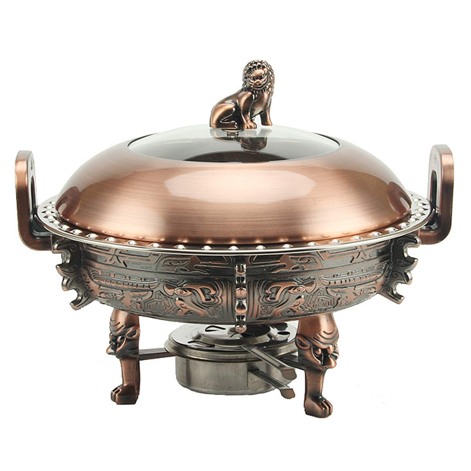 Okrągłe naczynie do ocierania 3L, zestaw podgrzewaczy ze stali nierdzewnej z patelniami do jedzenia, stojak aluminiowy, widoczna pokrywka na garnek i uchwyty na paliwo do bufetu, wesela, imprezy, czerwona miedź