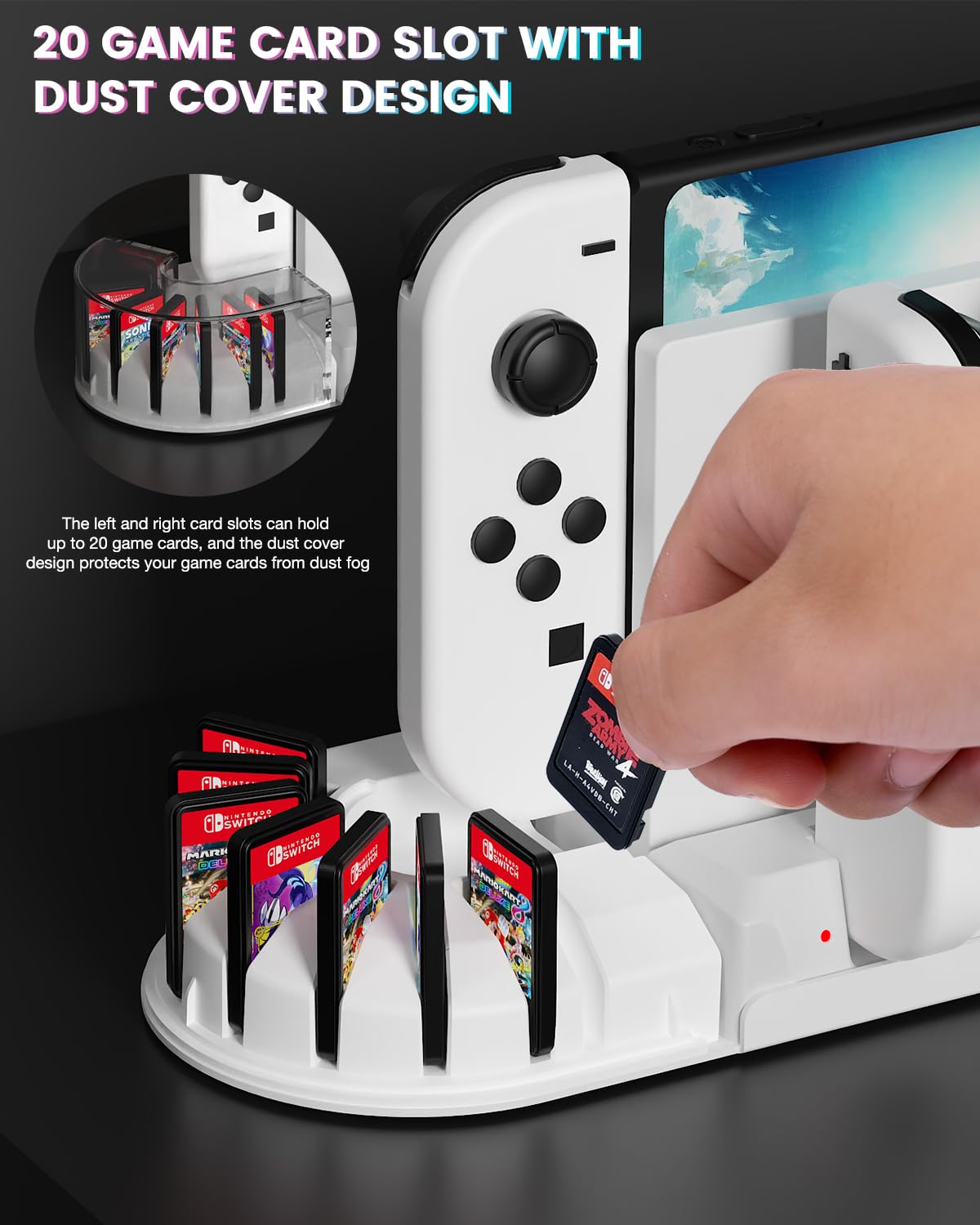 KUNSLUCK Switch supporto da parete con caricatore J-Con, kit da parete per Nintendo Switch/OLED, supporto da parete Switch stazione di ricarica con 20 carte da gioco e 6 caricabatterie per J-Con