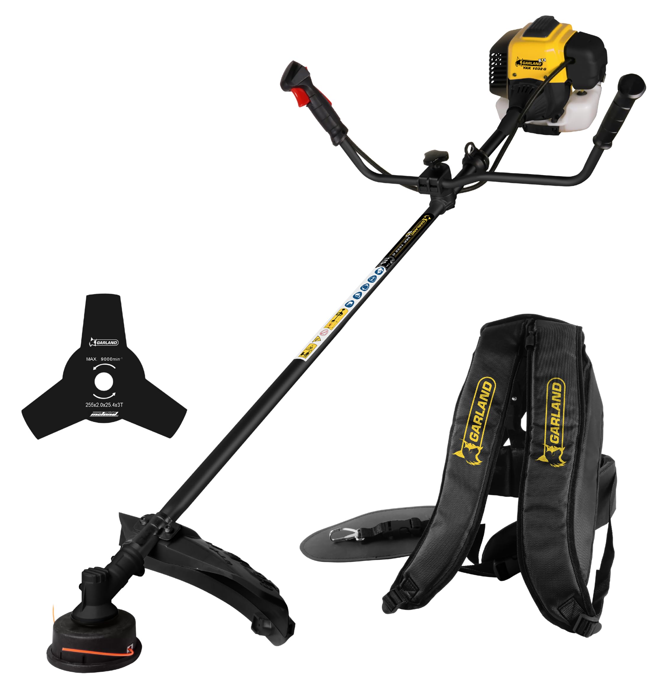 GARLAND Black Yak 1032 G-V25 – Desbrozadora Gasolina 54,6 CC, 2,3 kW, 11.500 RPM, Disco 3 Puntas + Cabezal Hilo, Arnés Incluido