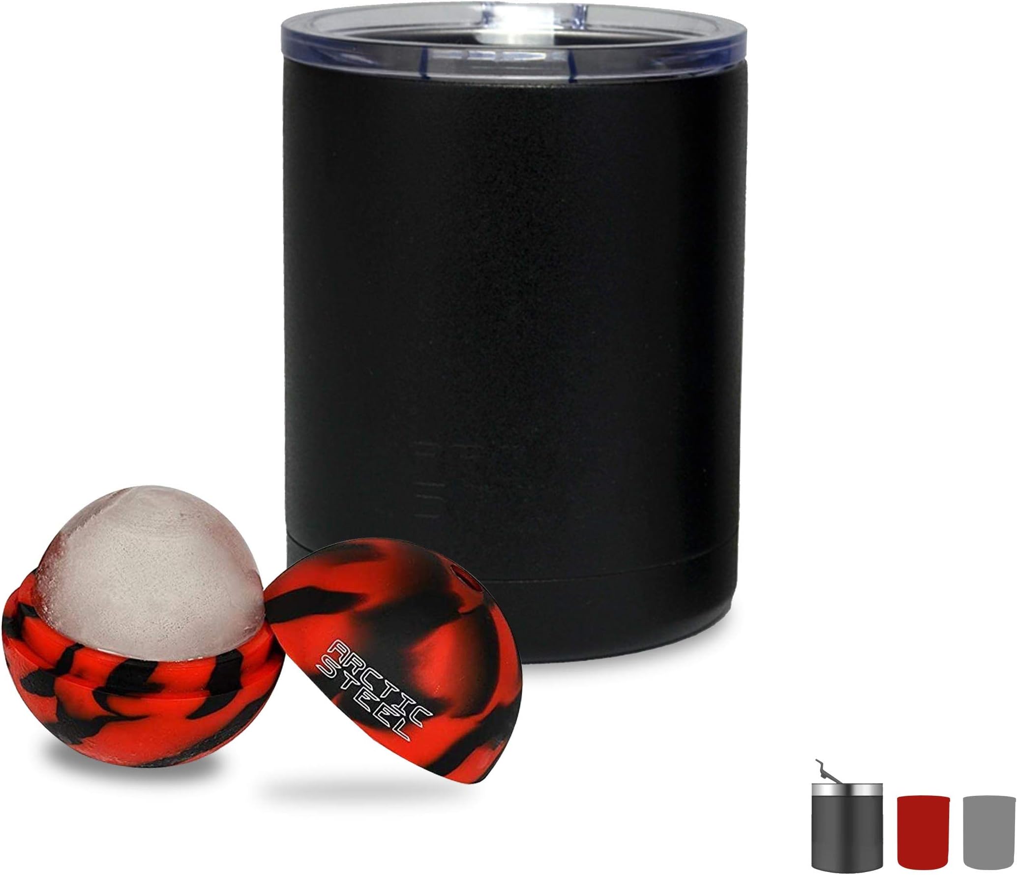 Arctic Steel 10oz Insulated Lowball Tumbler with Lid - Perfect for Coffee, Whiskey, and Cocktails - Durable Stainless Steel, Powder Coated Double Wall Vacuum Mug – Black with Ice Ball