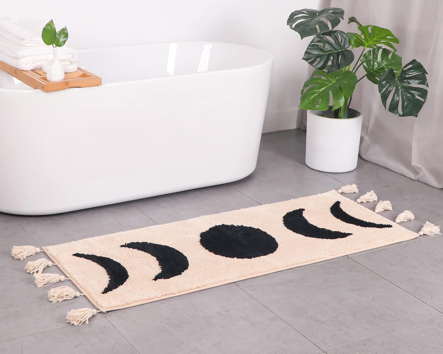 Boho Bathroom Rug Runner Moon Phases Bath Mat with Tassels Half Moon