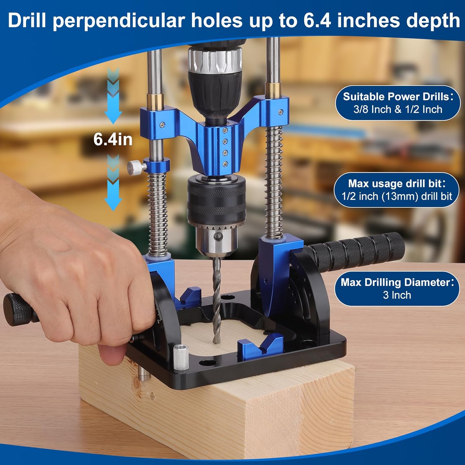 Portable Drill Guide, Adjustable 0°to 60°Multi Angle Drill Guide for Straight Holes, Drill Press Adapter for Hand Drill, with 1/2" Chuck, Key, Guide Rod Precision Drilling Jig (blue)