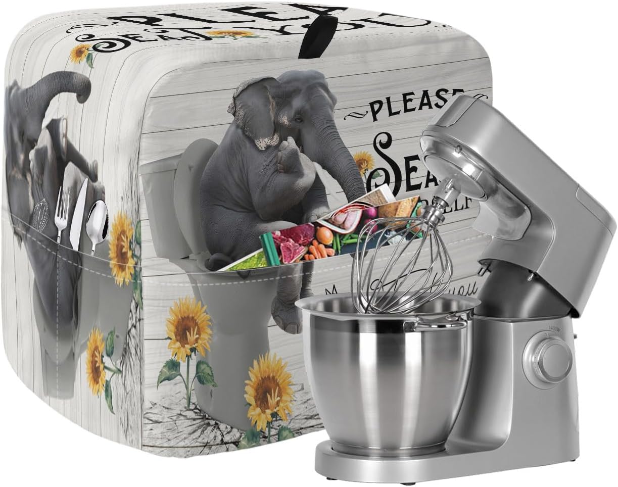 Stand Mixer Cover Elephant Sitting on The Toilet Kitchen Mixer Covers with Storage Pocket Waterproof Dust Cover Funny Animal Wood Sunflower Kitchen Mixer Covers for Stand Mixer 4.5-5 Quart