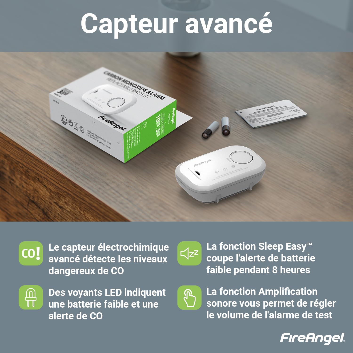 FireAngel FA6813-EU-T2 Détecteur de Monoxyde de Carbone CO, Capteur de Monoxyde de Carbone, Lot de 2 Détecteurs de CO et Alarme Portable, avec Piles, Bouton de Test