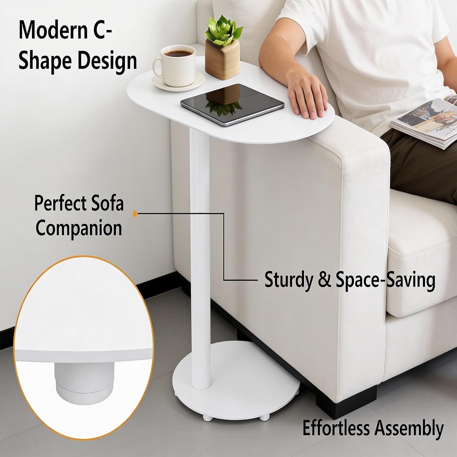 C-Shaped Side Table, Modern Metal End Table for Couch Slim Sofa Side Table Snack End Table TV Trays for Eating On Couch for Dining Room, Living Room, Cafe and Balcony (White)