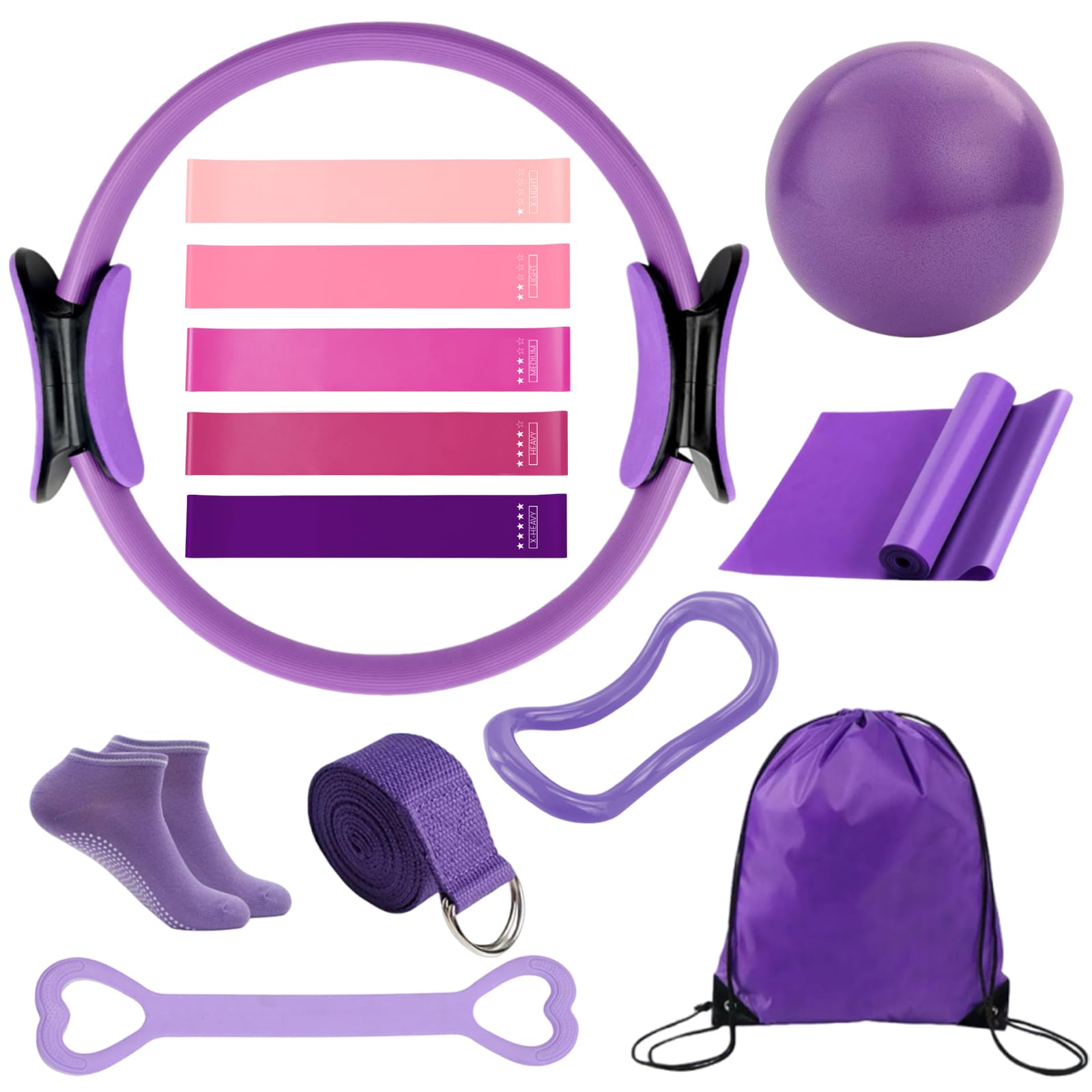 Hao Zhu Pilates Kit for Women, 13-in-1 Home Pilates Equipment Set with Pilates Ring, 9-Inch Ball & Resistance Bands - Full Body Toning & Shaping, Beginner-Friendly Fitness Gift in Purple