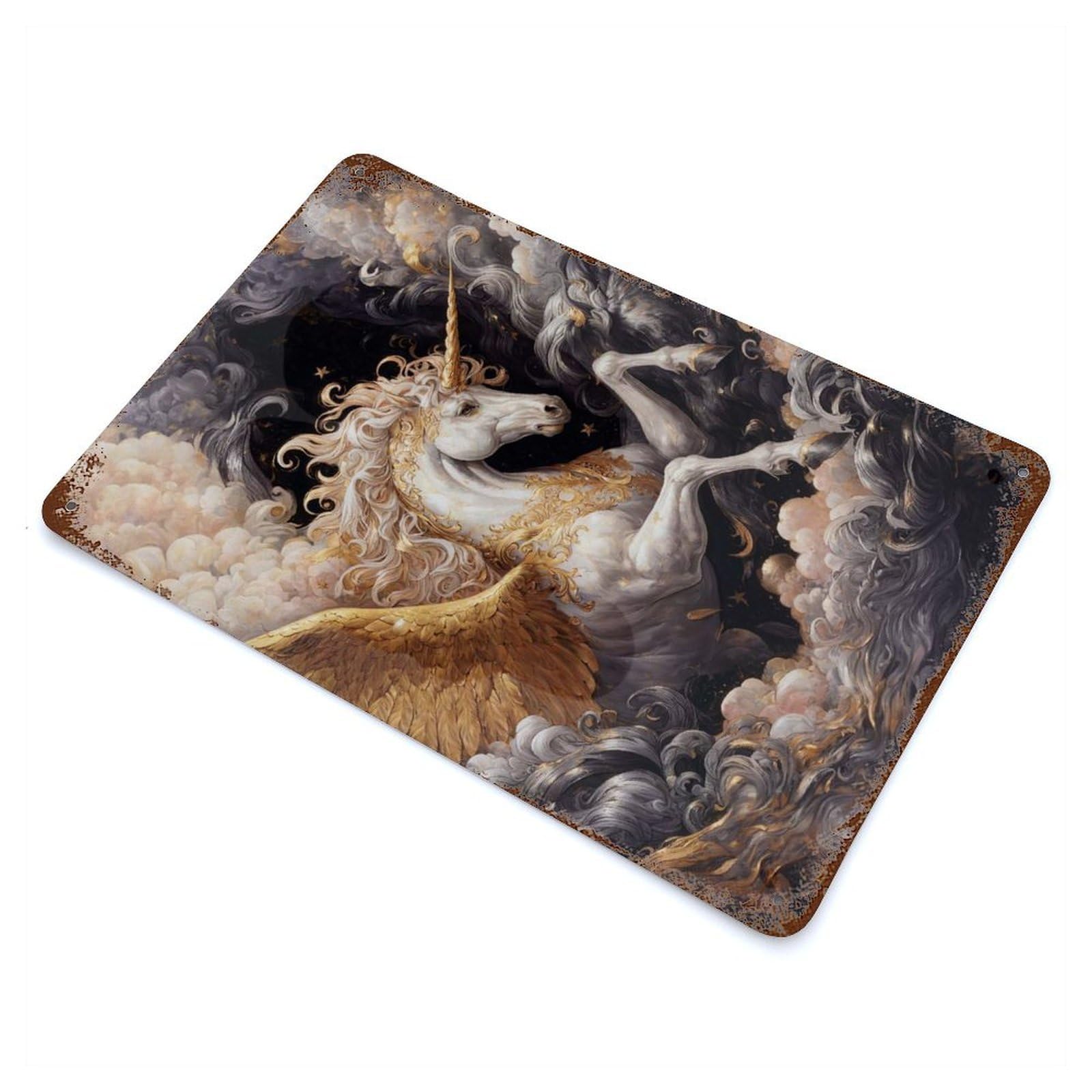 Rust Effect Gold X Unicorn Decorative Tin Sign 11.8"x7.9", Classic Wall Plaque for Pub, Kitchen And Man Cave Decor