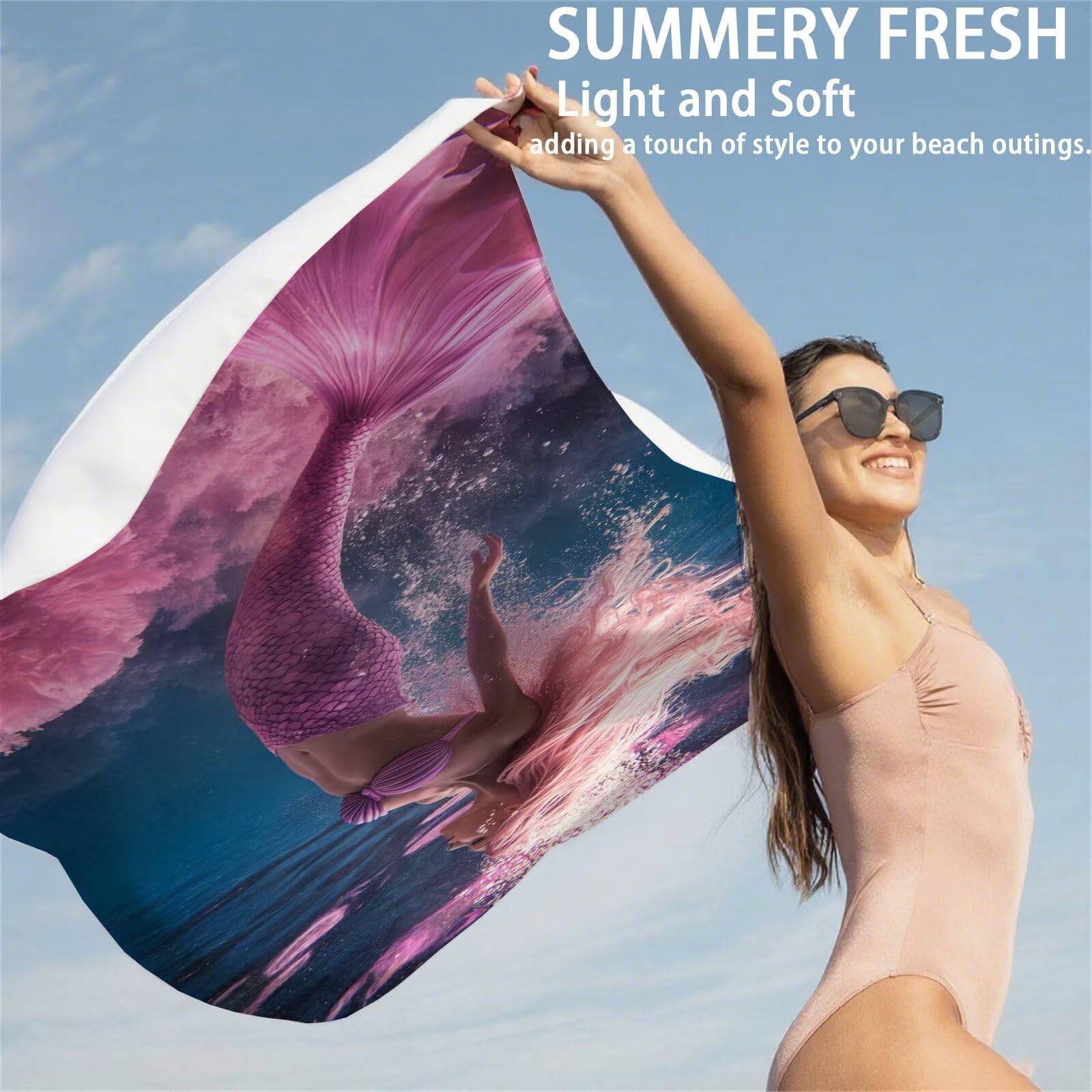 Ręcznik plażowy syrenka ręczniki plażowe dla dorosłych 85 x 170 cm ręcznik z mikrofibry morski ręcznik kąpielowy bez piasku, miękki, chłonny, szybkoschnący, lekki, do pływania, na plażę, jogę, kemping