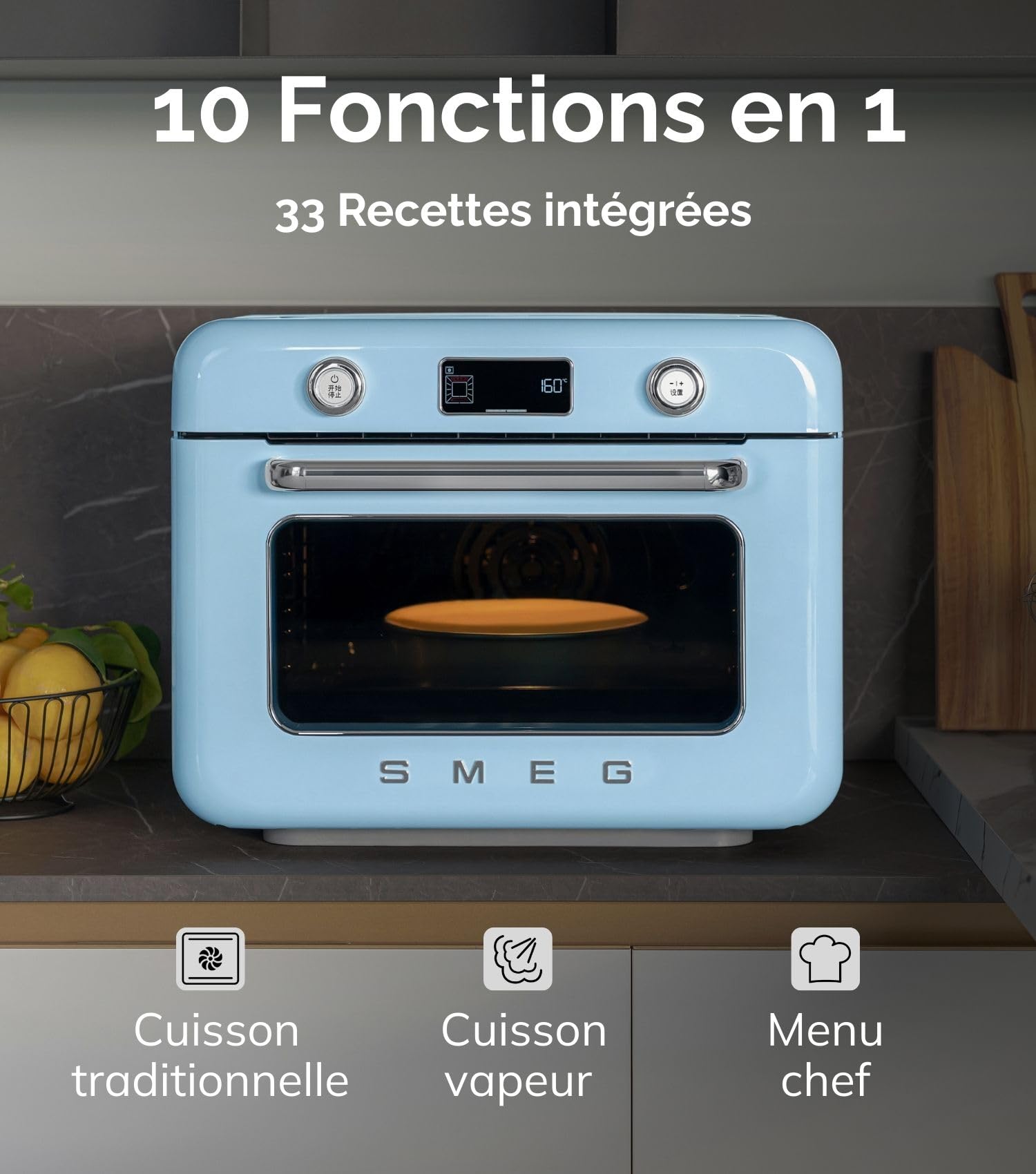 Smeg, Mini Four Combiné COF01PBEU, 10 Fonctions de Cuisson, 33 Recettes Automatiques, Réservoir Amovible, Cuisson à la Vapeur, Fonction de Détartrage, Puissance 1800W, Bleu Azur