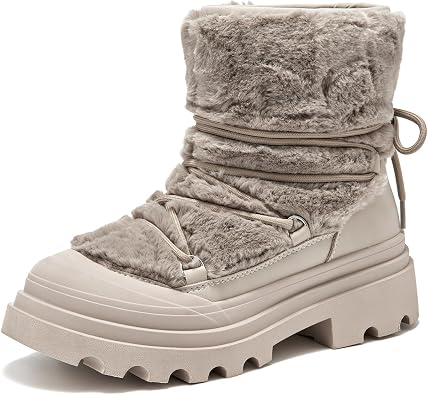 BEAU TODAY Womens Winter Fur Boots, Warm Ankle Booties for Women Winter Shoes, Chunky Platform Non-slip Boots Shoes