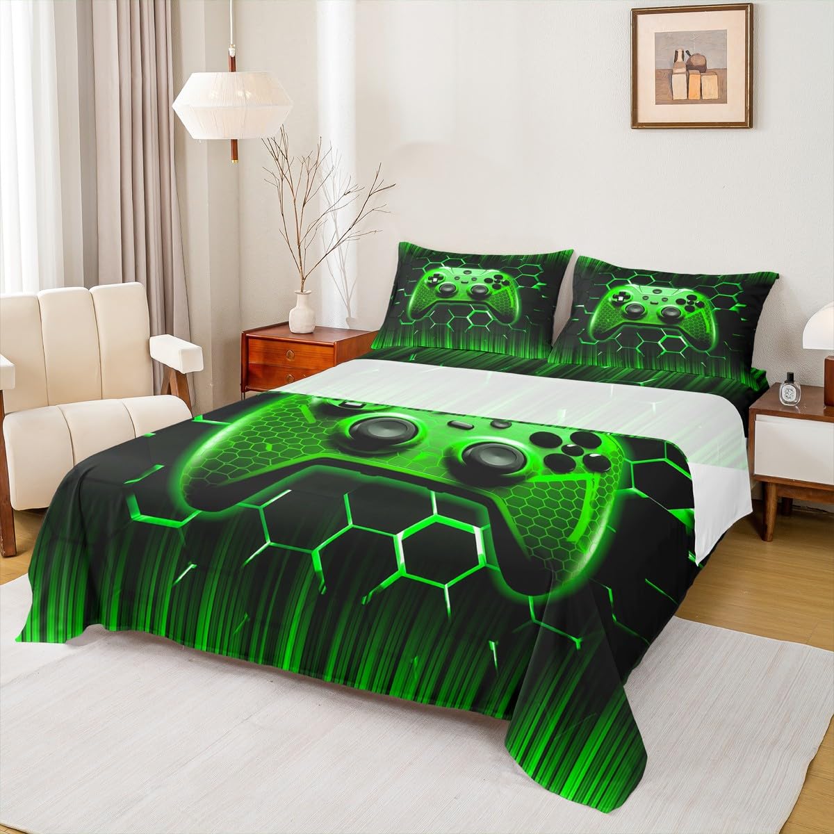 Manfei Modern Gamer Sheet Set Full Size, Green Honeycomb Gamepad Bed Sheet Set 4pcs with Deep Pocket Fitted Sheet + Flat Sheet + 2 Pillowcases, Vodeo