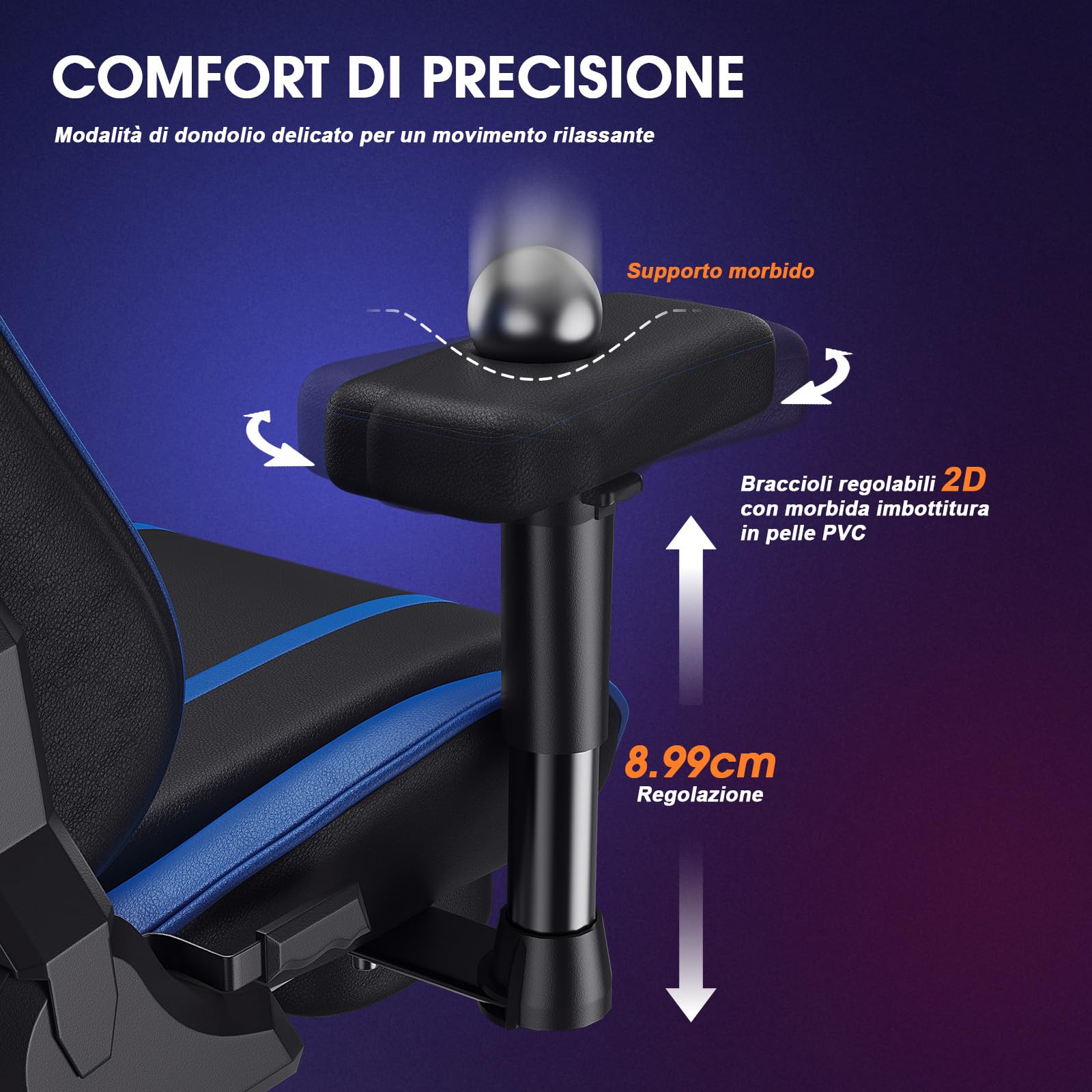 Douxlife Sedia da Gaming con Massaggio a Impasto, Ergonomica Sedia da Ufficio con Riscaldamento, Poggiapiedi, Reclinabile da 90° a 175°, Braccioli 2D più Spessi, Portata 180 kg, Blu