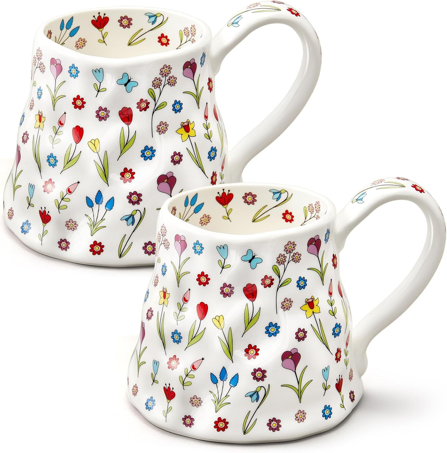 2 Pcs Large Ceramic Coffee Mug Flower Cup Cute with Big Handle, 20oz Girly Floral Tea Cup for Women Valentine Mothers Day Gifts, Novelty Irregular Oversized Mugs for Latte Tea Milk