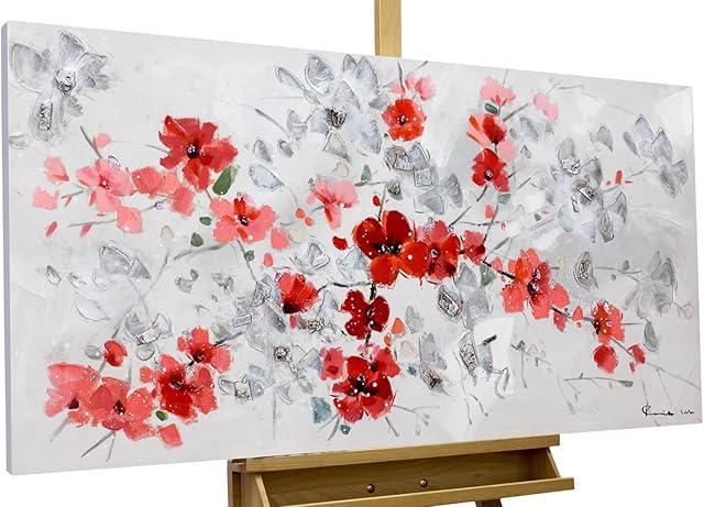 Kunstloft Acrylic painting | 100% HANDPAINTED | 47x24inches | Framed wall art 'Prosperity' | Blossoms | Red | Painting on canvas