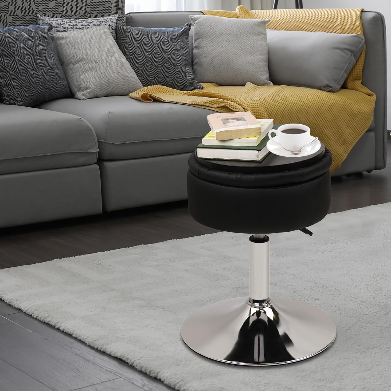 Vanity Stool Chair with Big Storage, 19" to 24" Height Adjustable PU Leather Tufted Makeup Stools, 360° Swivel Modern Round Ottoman Cute Girl Make Up Stool for Bedroom Bathroom Living Room, Black