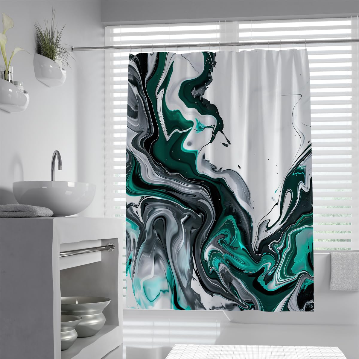UIRINGART Contemporary Bathroom Curtains W150xL200cm Emerald Green Black White Marble Fluid Ink Pattern Mildew Mould Resistant Polyester Fabric Bathroom Wet Rooms