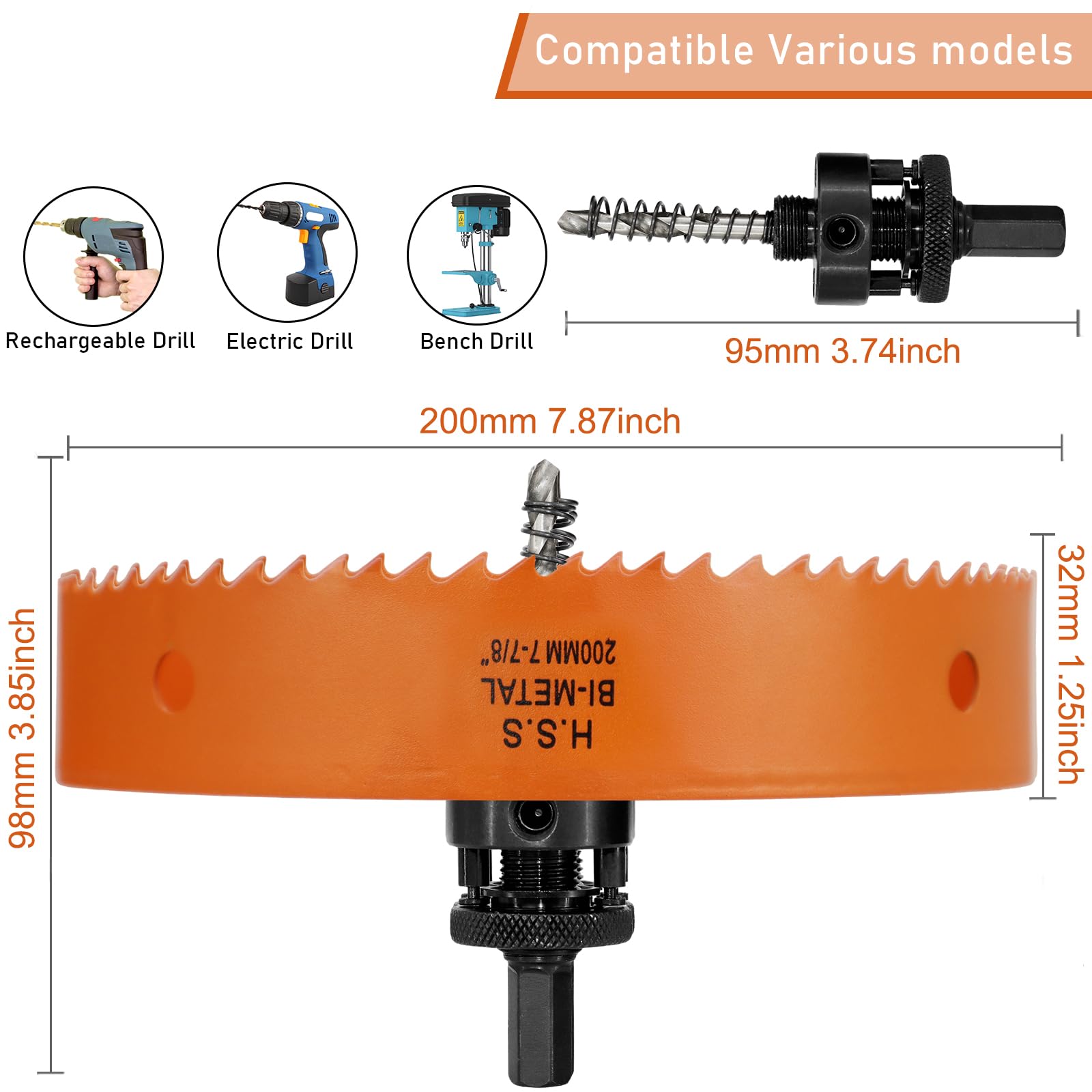 200mm Hole Saw, 7-7/8'' HSS Bi-Metal Hole Cutter with Arbor, Cutting Depth 32 mm, Hole Saw Drill Bit for Cutting Wood Plywood - Image 2