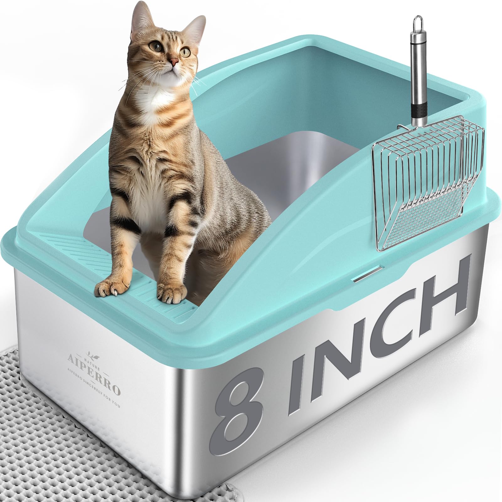 Stainless Steel Litter Box | XXL Deepened 8" Design Enclosed Box with Lid for Big Cats | High Sided, Anti-Urine Leakage | Non-Stick Bottom & Includes Litter Mat & Metal Scoop (Turquoise)