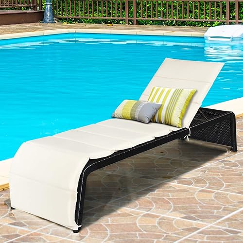Miniatura 2 de COSTWAY Silla de ratán para patio, silla reclinable acolchada con respaldo ajustable, jardín y piscina (beige)