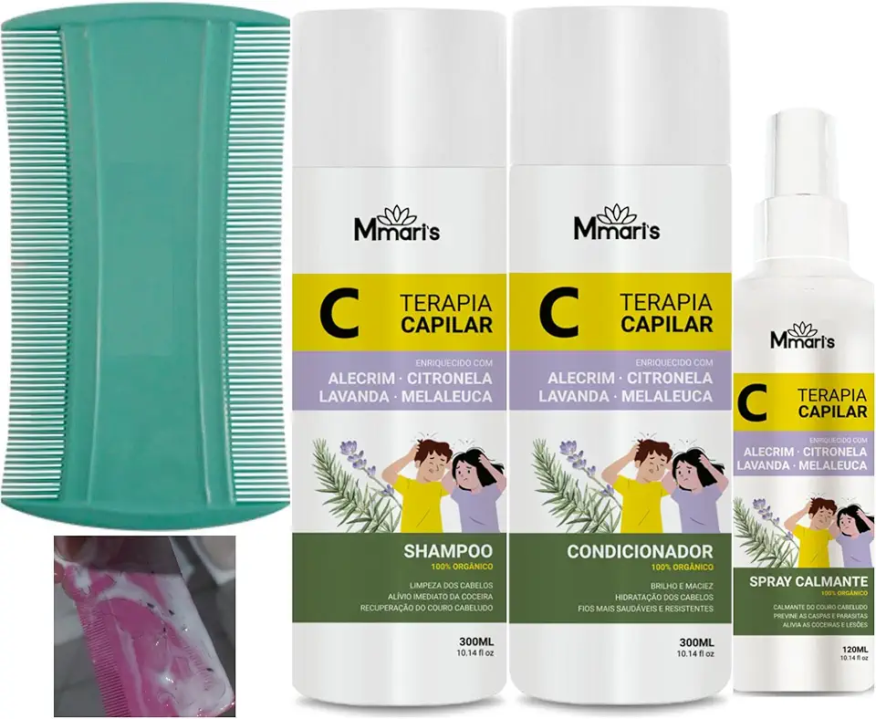 Kit Pente Fino Shampoo Piolho Combate Piolhos e Lêndeas Condicionador Spray Creme De Pentear Sem Enxague M Mari's