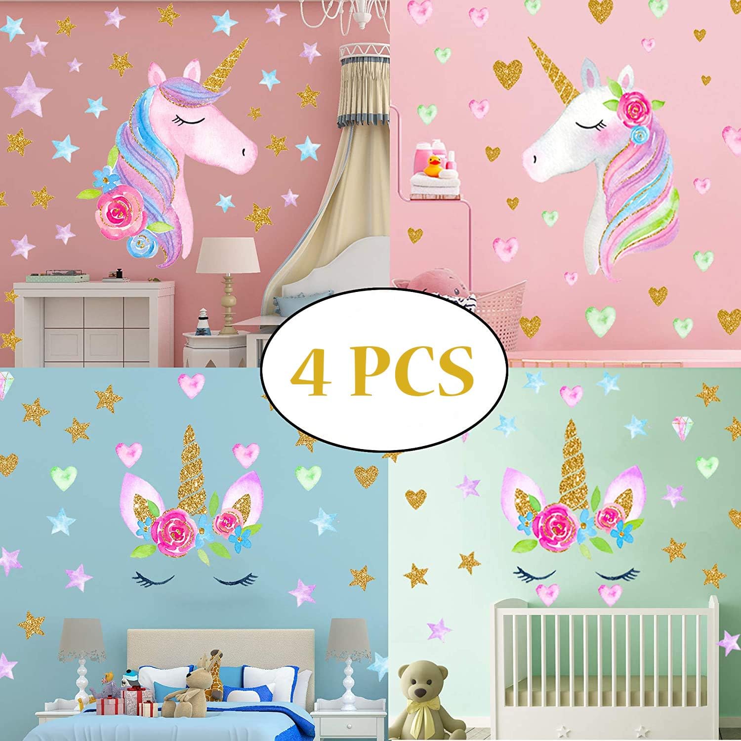 4 Sheets Unicorn Wall Decals Stickers for Girls Room,Large Size Unicorn Wall Sticker Decor for Gilrs Kids Bedroom Birthday Party…