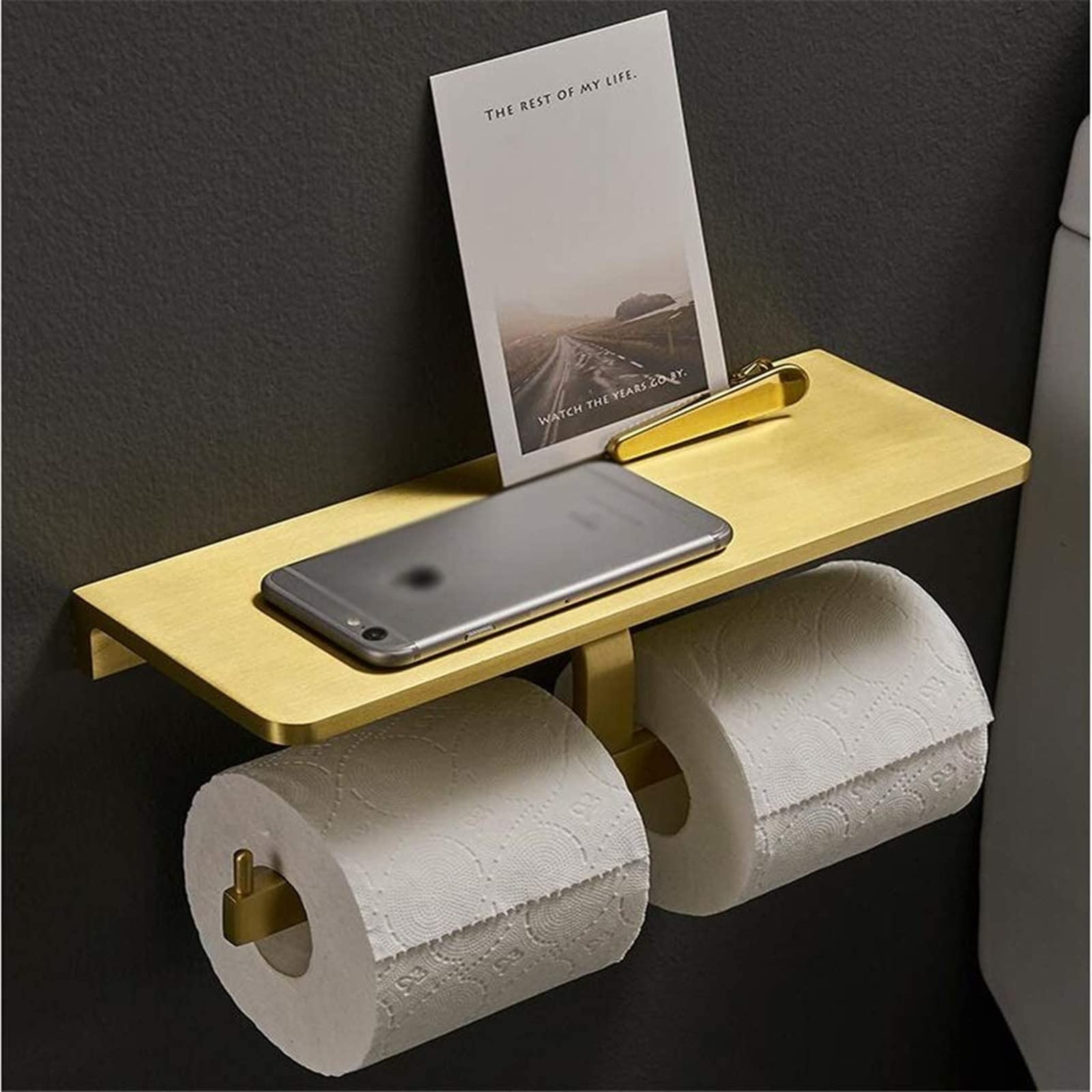 HLTYGWX Uchwyt na papier toaletowy Uchwyt na papier toaletowy Stojak na papier toaletowy Uchwyt na telefon komórkowy ze szczotkowanego złota Łazienka Papierowe pudełko wiszą na ścianie Uchwyt na