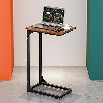 C-Shaped Side Table for Couch - Small Coffee Stand Sofa Tray Desk with Metal Frame and Waterproof Scratch Resistant, Modern End Accent for Living Room, Bedroom, Small Spaces, Rustic Brown