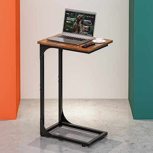 RISWER C-Shaped Side Table for Couch - Small Coffee Stand Sofa Tray Desk with Metal Frame and Waterproof Scratch Resistan