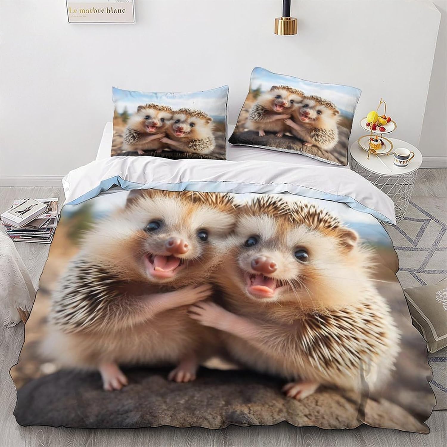 NUEYSP Double Duvet Set Hedgehog Double Bed Duvet Cover Set for Kids Aldult with Zipper Closure Hypoallergenic Microfiber Quilt Cover 78.7"x 78.7" + 2 Pillowcases 19.7"x 29.5"