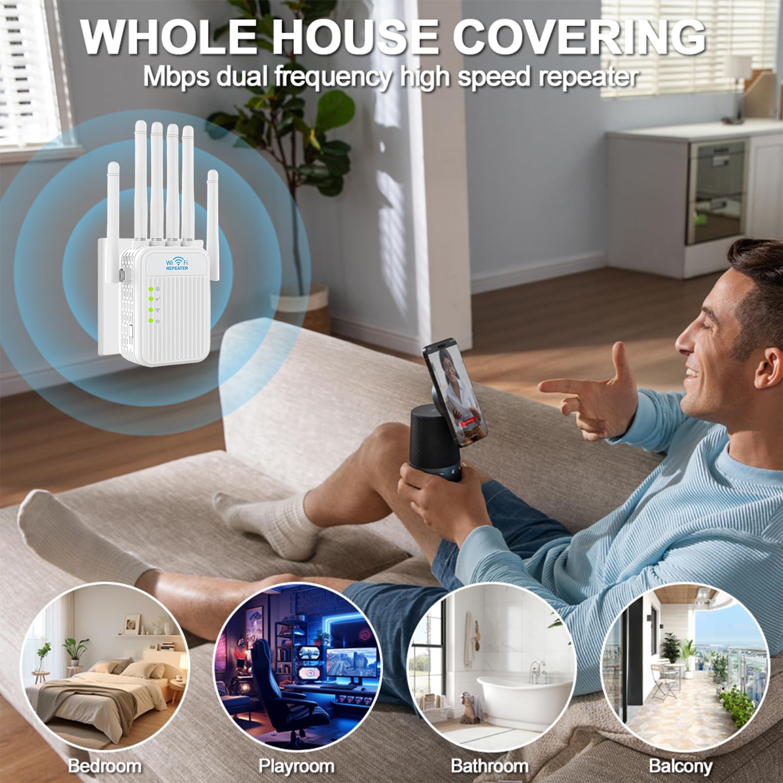 Repeteur WiFi Puissant sans Fil Amplificateur de Signal WiFi,6 Antennes deTransmission Rapide 2 Ports LAN Répéteur WiFi Extérieur Couverture WiFi de 12000Sq.Ft WiFi Extender Signal Booster (Blanc)