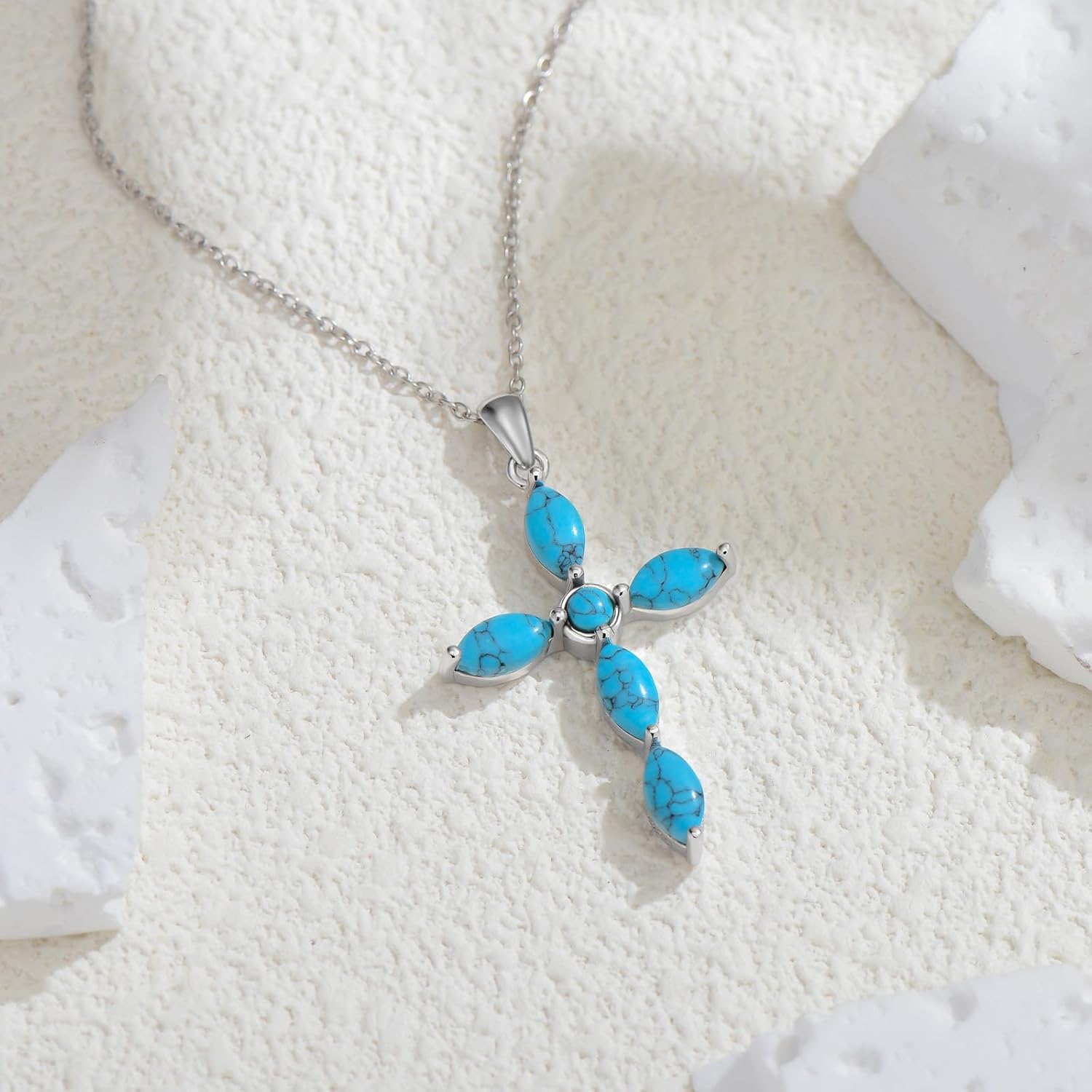 PEIMKO 925 Sterling Silver Genuine Turquoise Cross Pendant Necklace Vintage Boho Victorian Style Jewelry Gifts for Women Mothers - Image 5