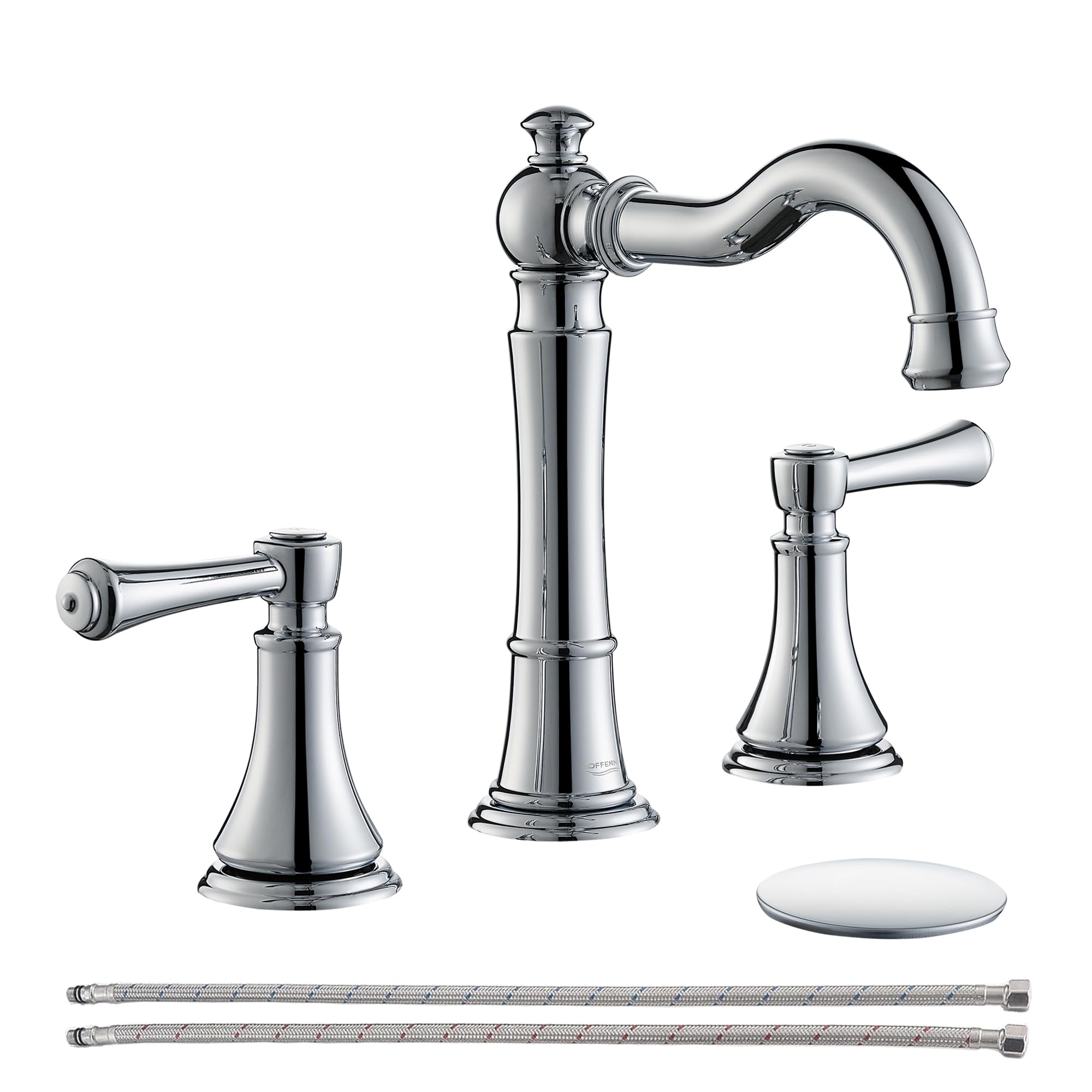 Roffenny Polished Chrome Bathroom Faucet 8 inch Widespread for 3 Holes, with 2 x 23.6 inch Water Supply Lines and Plastic Pop-Up Drain, Classic 2-