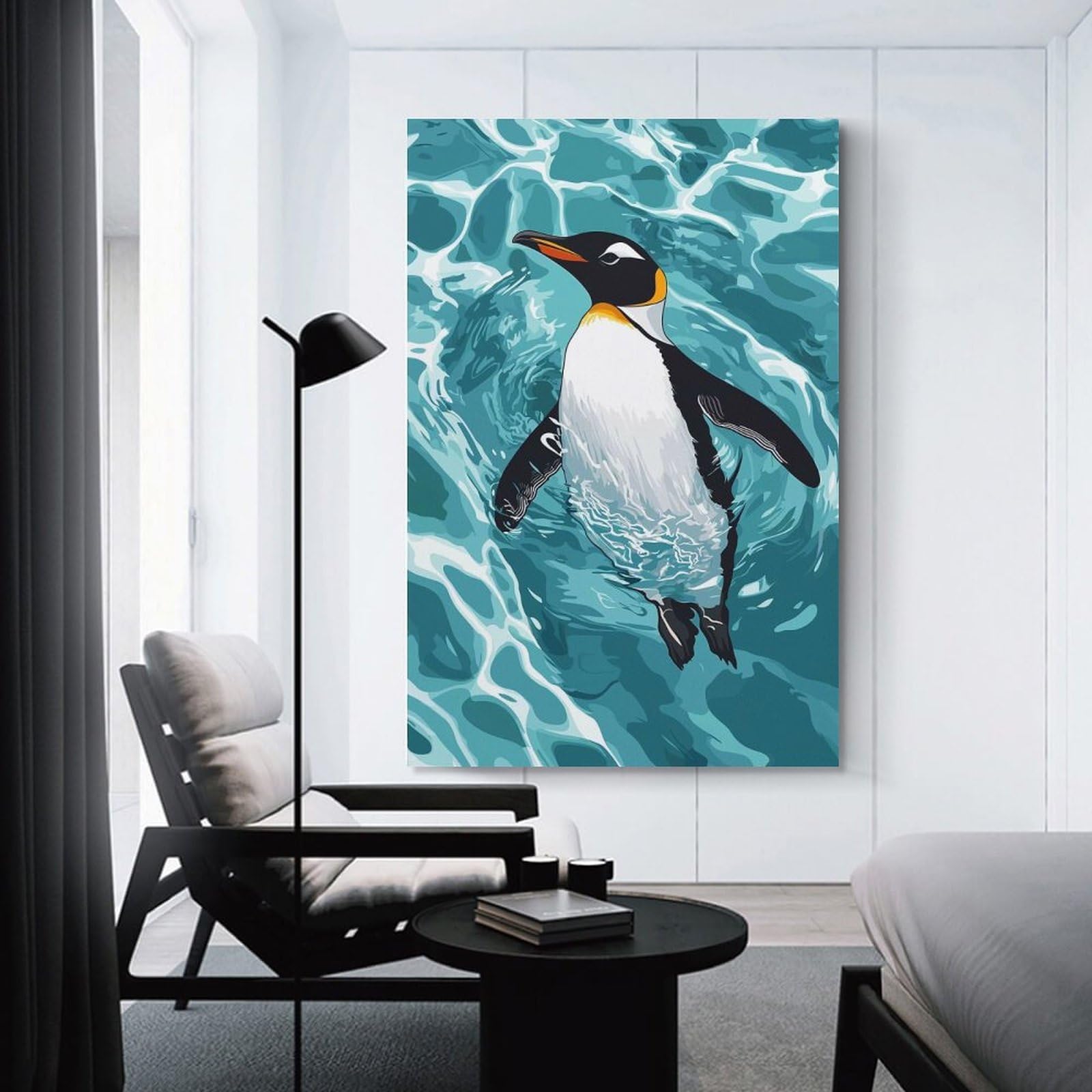 Junmoney Wall Picture Print Penguin Swimming in Blue Water, 08x12inch(20x30cm), for Workspace Walls, Study Corners Or Bedrooms, A Smart Decor Choice for Study Walls