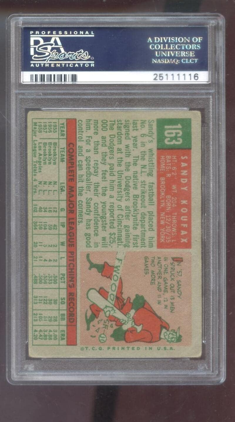 1959 Topps #163 Sandy Koufax PSA 3 Graded Baseball Card MLB Los Angeles Dodgers