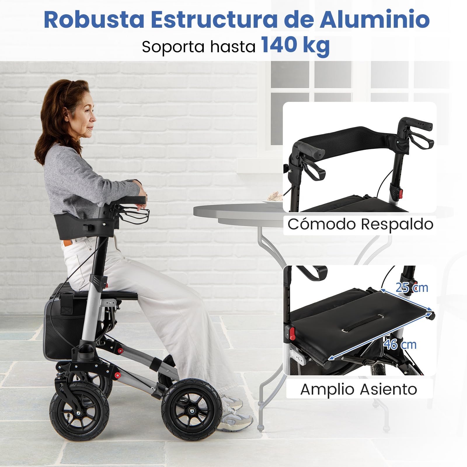 COSTWAY Andador para Ancianos con Asiento, Taca Taca Adultos Plegable, Altura Ajustable 81,5 a 97 cm, 4 Ruedas de Neumáticos, Caminadores para Mayores, Estructura de Aluminio Ligera (plata)