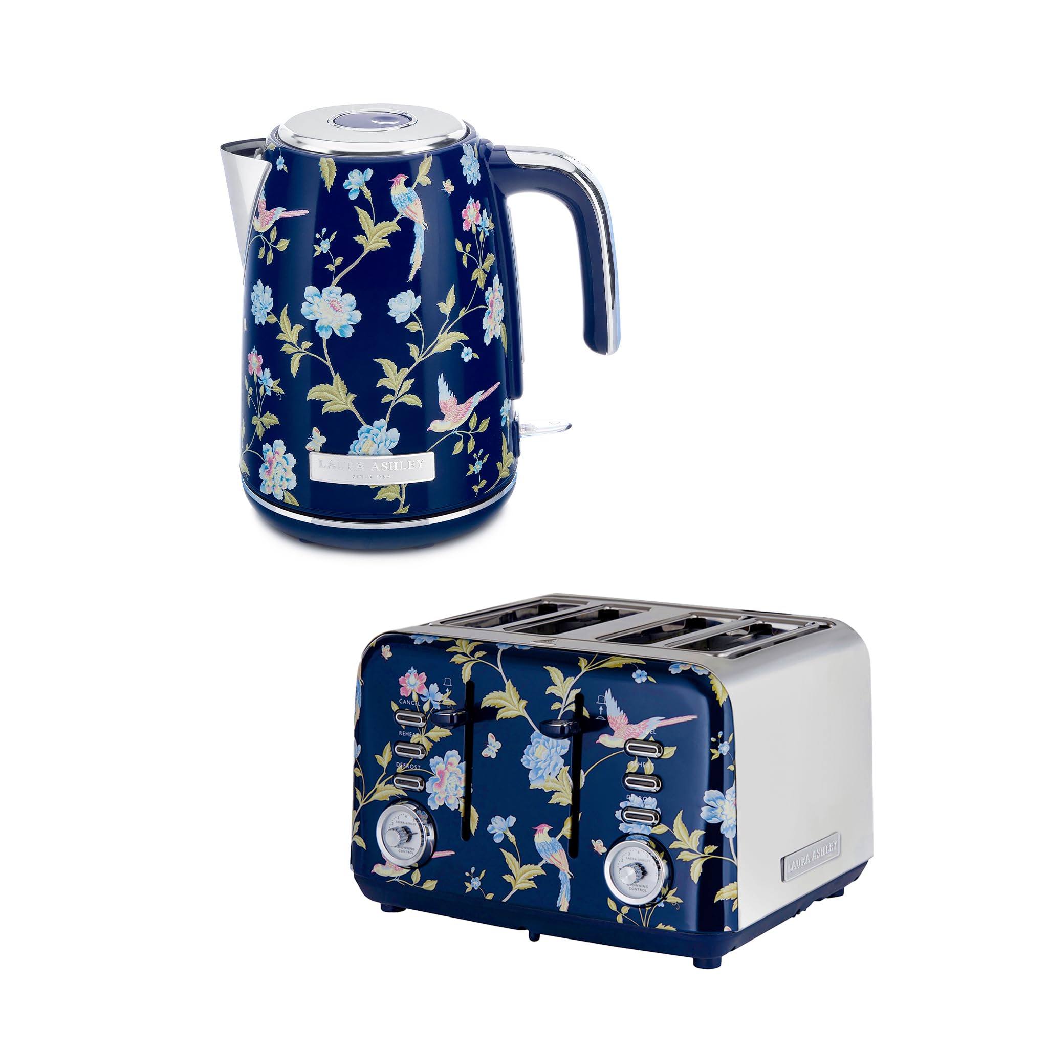 Laura Ashley Elveden Navy 1.7L Electric Kettle and Toaster Sets 4 slice - Energy Efficient Fast Boil Stainless Steel Kettle - Wide Slot Toaster 4 Slice with Defrost, 7 Browning Settings & Warming Rack