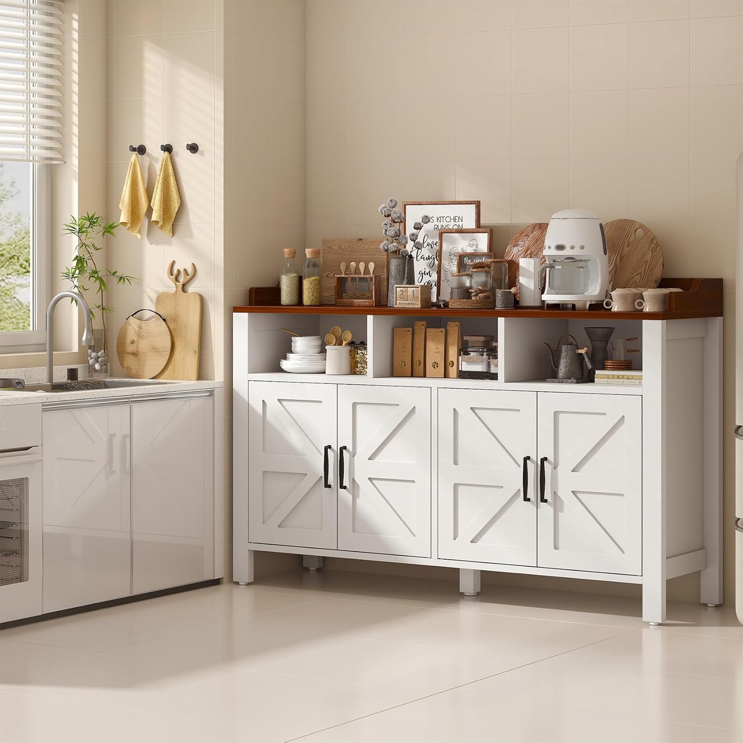 Buffet Cabinet with Storage Farmhouse with 4 Doors and 3 Open Compartments, 55'' Large Kitchen Storage Cabinet White Wood Coffee Bar Buffet Sideboard for Kitchen, Dining Room, Living Room White/Wood