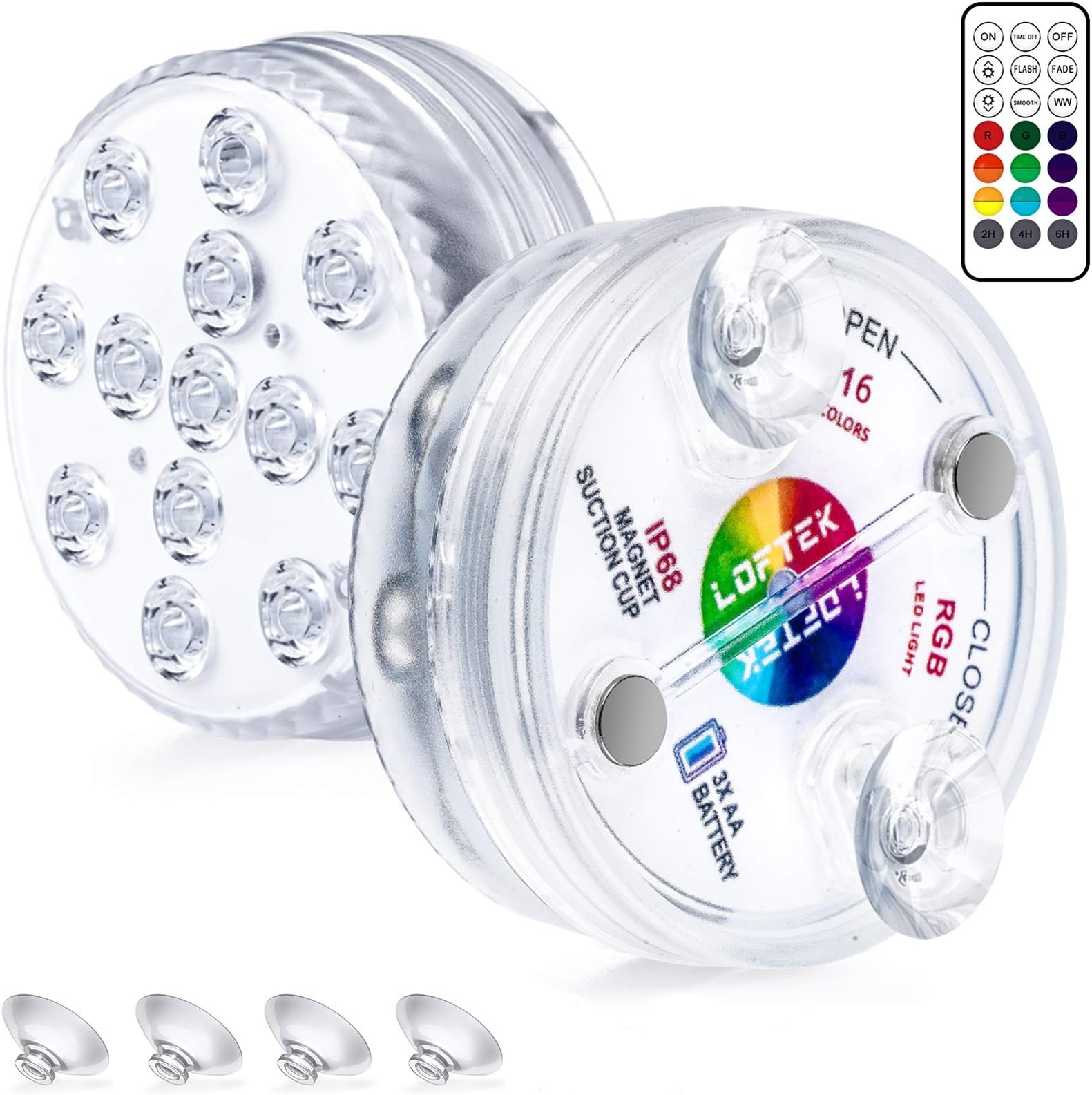 LOFTEK Submersible LED Lights with Magnets, Suction Cups, 13 LED Waterproof Underwater Led Lights with Remote RF, Battery Operated Decoration Light for Pool,Pond,Centerpieces,Foundation,Vase (2 Packs)