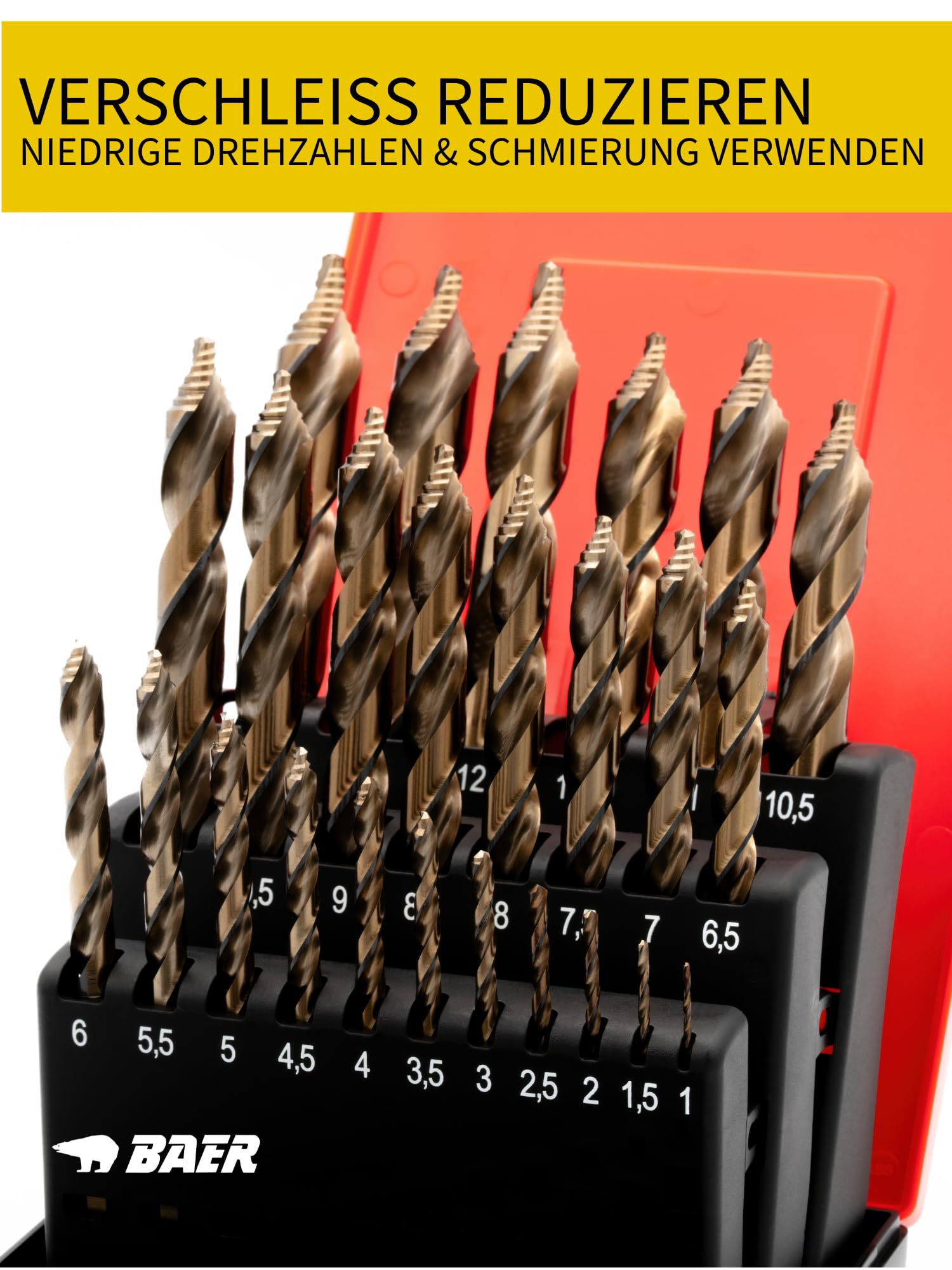 BAER Juego de brocas helicoidales (0,5 mm aumentando) 1-13 mm HSSE/Co5 Turbo Centrix | Juego de brocas 5% de aleación de cobalto HSSE de alta velocidad | Juego de brocas en espiral