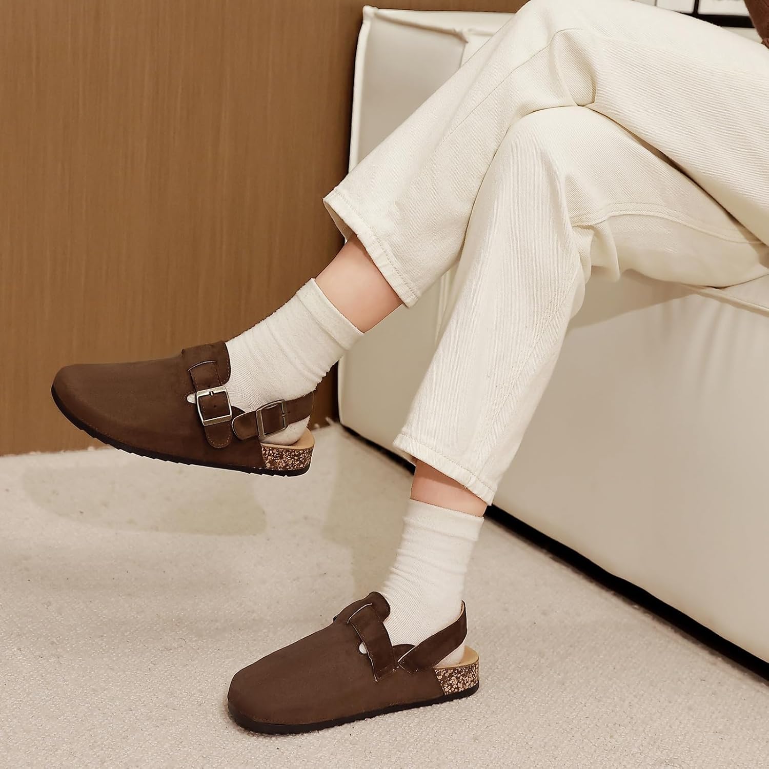 Women's Suede Clogs with Back Strap Men's Cork Footbed Leather Mules Clogs for Women Comfort Memory Foam Slingback Clog Sandals with Adjustable Buckle Slip on Potato Shoes