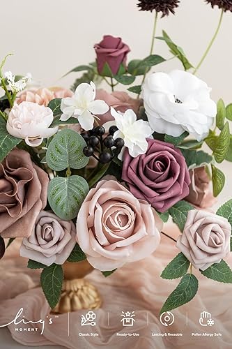 Miniatura 3 de Ling's moment Flores artificiales de rosa polvorienta y malva con jarrón para decoración de boda, centro de mesa en maceta para ceremonia,