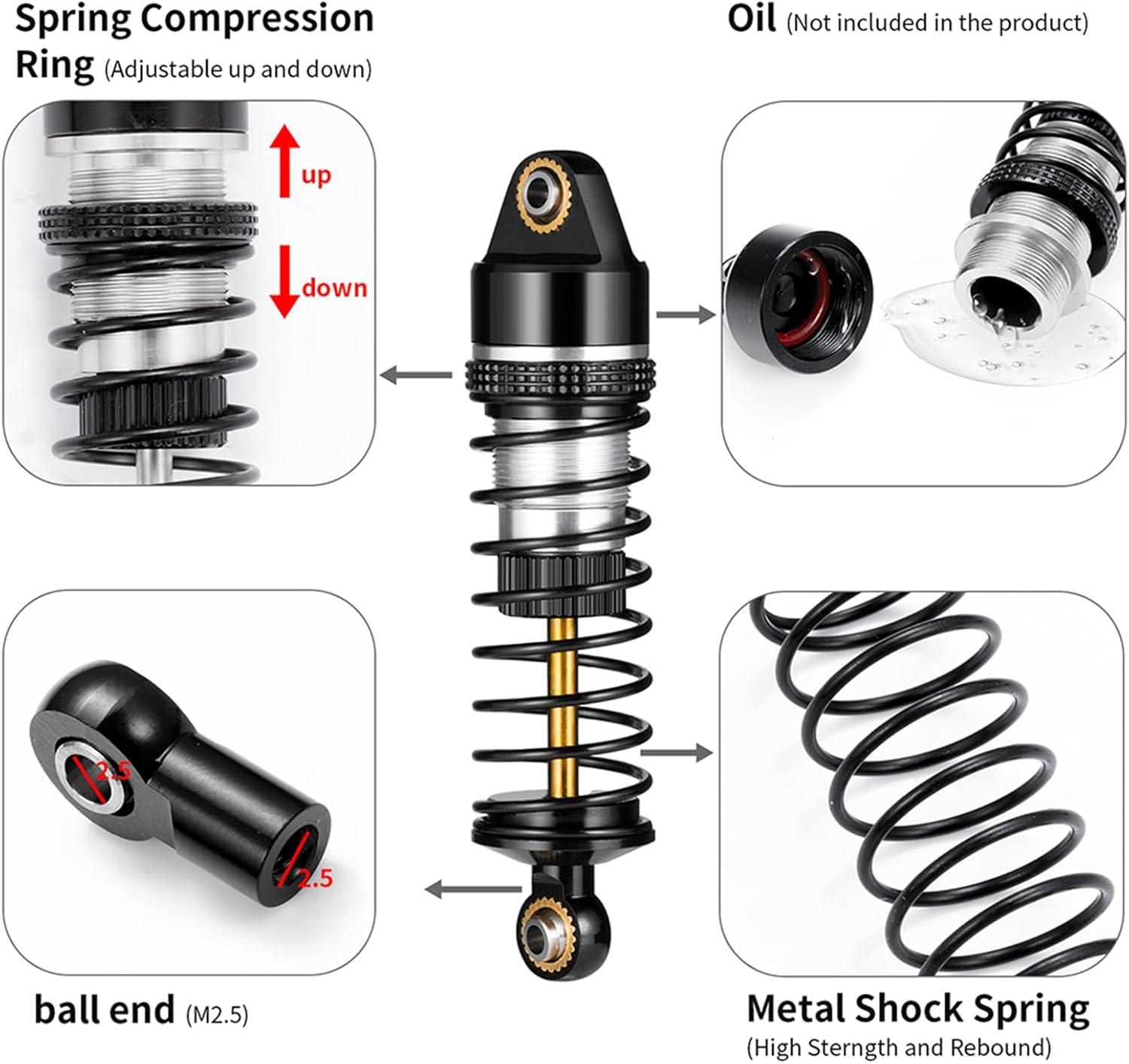 LSG Aluminum Front Rear Shock Absorbers for Arrma 1/18 Granite Typhon Mojave Grom RC Crawler Oil-Filled RC Car 58mm Suspension Damper Upgrade Kit (Black Silver)
