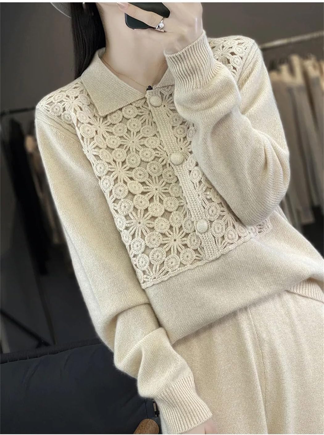 Women's Chinese Style Vintage Sweaters 100% Wool Soft Knit Pullovers Lapel Long Sleeve Flowers Thermal Tops