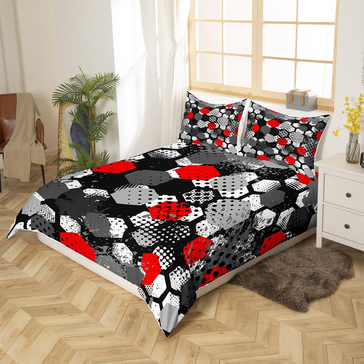 Manfei Honeycomb Duvet Cover Set Single Size, Red Grey White Hexagon Comforter Cover with 1 Pillowcase - Image 2