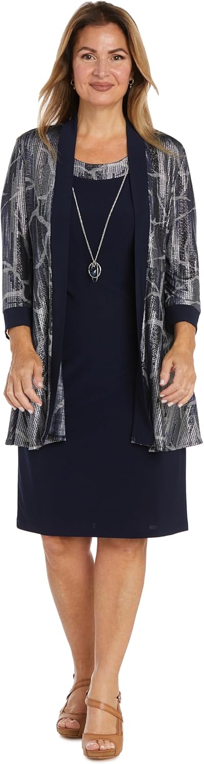 R&M Richards Womens Petites Printed Metallic Two Piece Dress